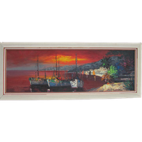 Vintage Mediterraan Olieverf Schilderij Zeilboten,1950S 1960S