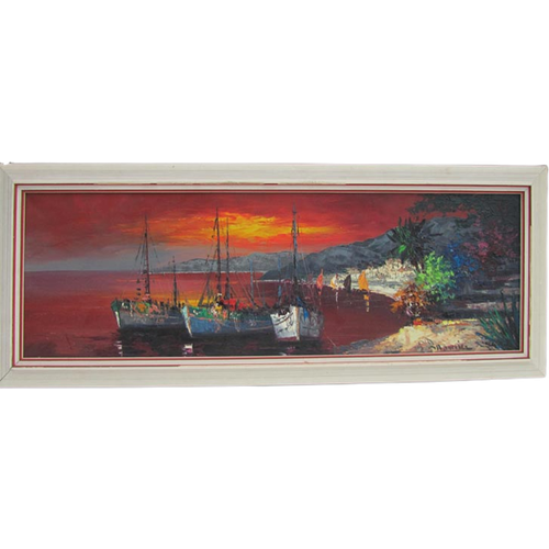 Vintage Mediterraan Olieverf Schilderij Zeilboten,1950S 1960S