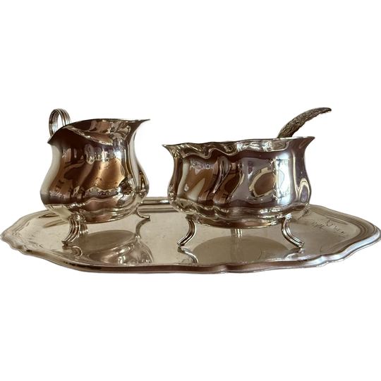 Verzilverde Melk- En Suikerset Met Dienblad – Elegante Barokstijl (jaren ’60) 1