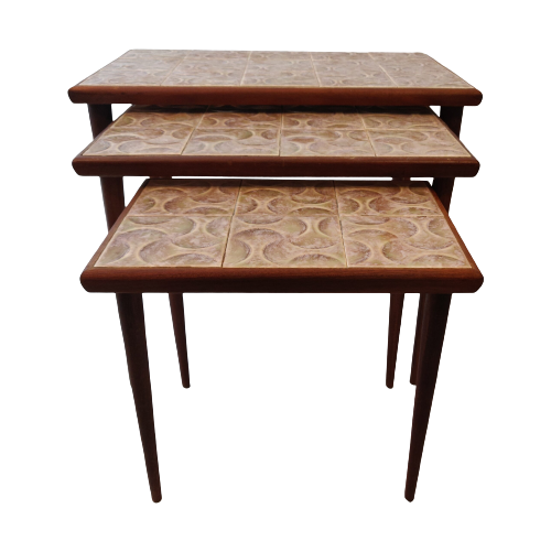Mid Century Modern Set Of 3 Teak And Ceramic Nesting Tables, 1960S