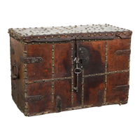 Antieke 17e Eeuwse Kist/ Kluis Met Leer Bekleed En Originele Sleutel En Een Uitstekend Patina