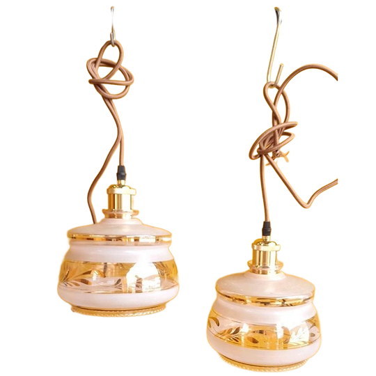 Vintage Hanglampjes, Oud Roze, Goudkleurig Glas, Schulprand 1