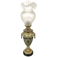 Antieke Messing Olielamp Op Marmeren Voet
