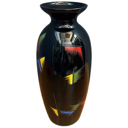 Black Glass Vase With Red, Green, Blue And Yellow Details 1960s 1