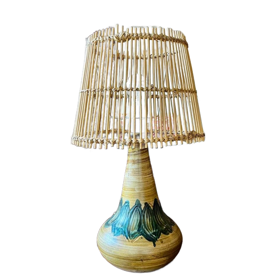 Deens Design Keramiek Tafellamp Vintage Met Rotan Kap 1
