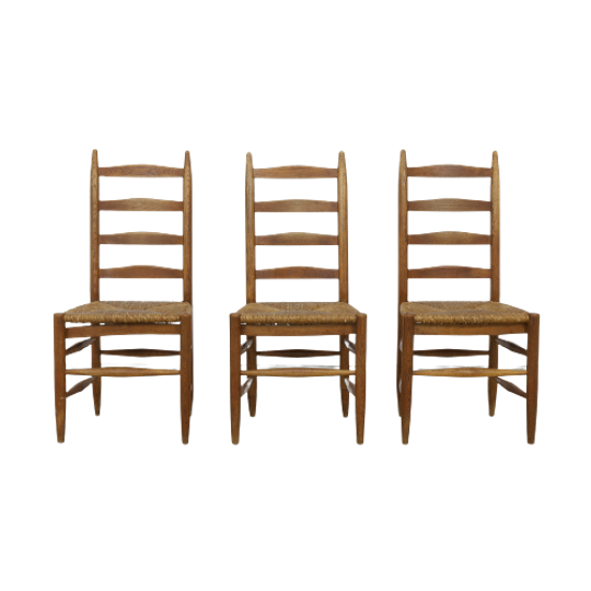 3x Ladder Chair In Oak & Rush, 1960s 1
