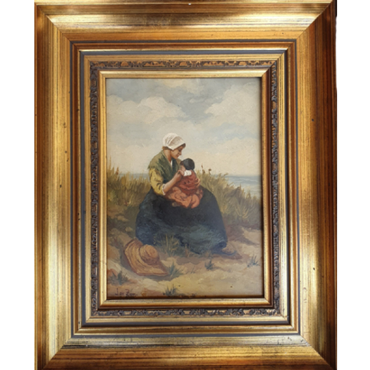 2 X Mother And Child In The Dunes, Signed / J. De Zon (lower Left ) / Oil On Wood 1