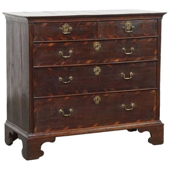 Engelse Antieke En Elegante Vroege Georgian Eikenhouten Ladekast Met Uniek Inlegwerk 1
