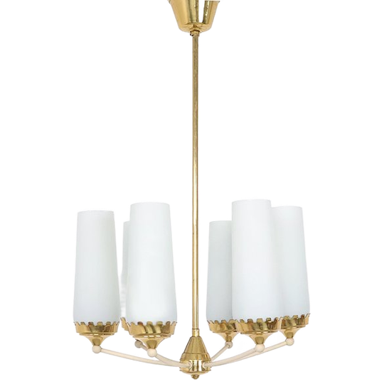 Vintage 6-armige Kroonluchter Van Messing En Melkglas, 1960s 1