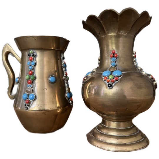 Boho Messing Vaas + Kan – 70’s - Vintage Met Halfedelstenen 1