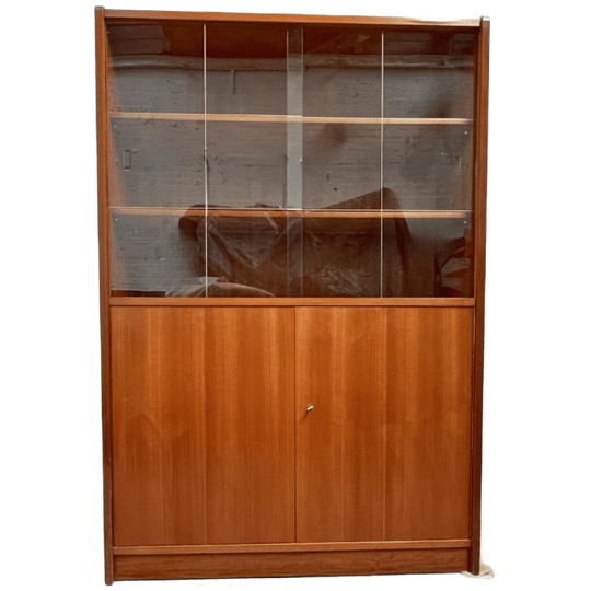 Vintage Vitrinekast Teak - Glazen Schuifdeuren, Gouden Ruit 1