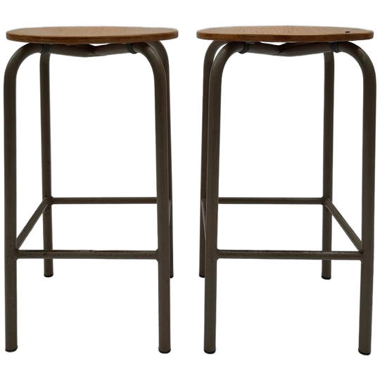 2x Schoolkruk Hout Metaal Industriële Houten Krukje Kruk 1