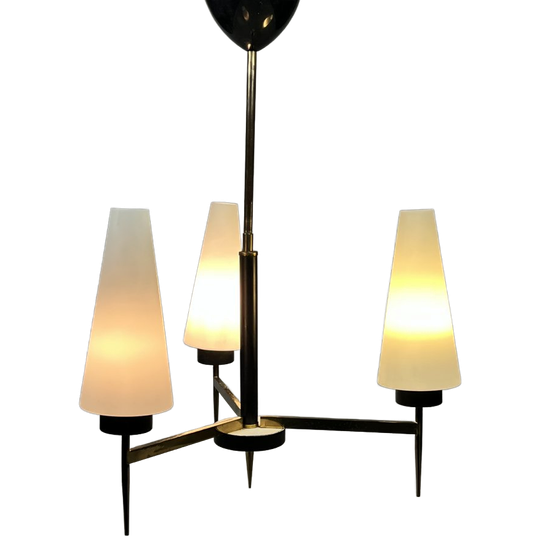 Vintage Kroonluchter / Hanglamp, Messing Met Melkglas, België 1970's 1