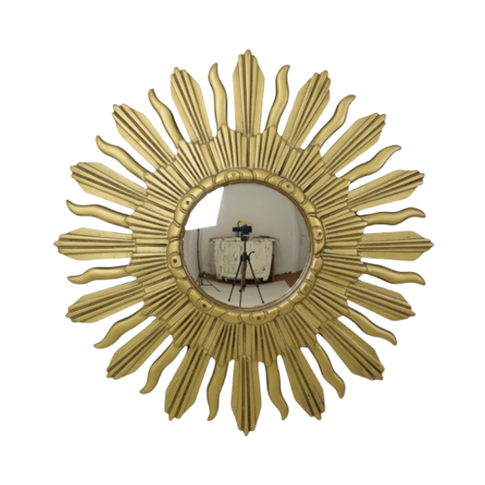 Vintage Zonnespiegel Sunburst Spiegel Convex Goud Hars 48cm 1