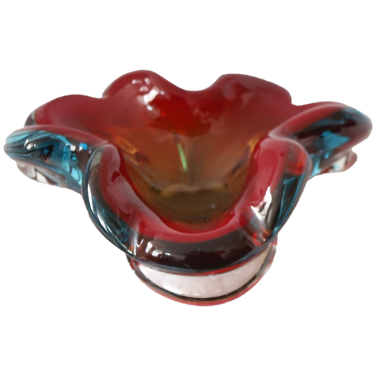 Murano Glazen Schaal In Bloemvorm Rood/turquoise, Italy Jaren '60 1