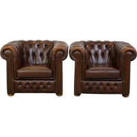 Mooie Set Van 2 Zeer Correcte Bruine Rundleren Chesterfield Fauteuils