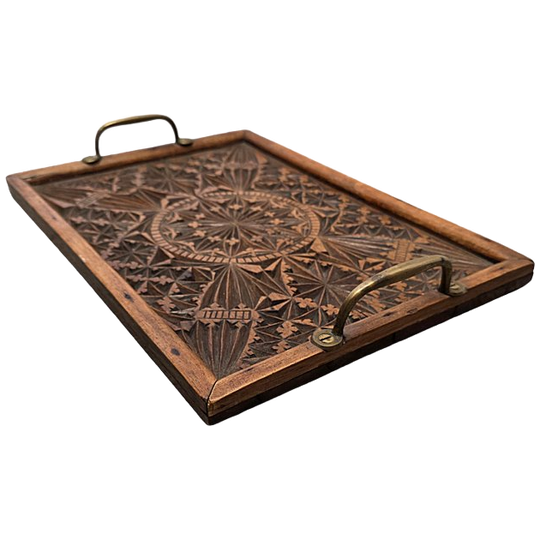 Antiek Houten Dienblad Met Snijwerk, Eind 19e Eeuw 1