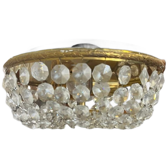 Vintage Messing Plafonnière / Hanglamp Met Kristal 1