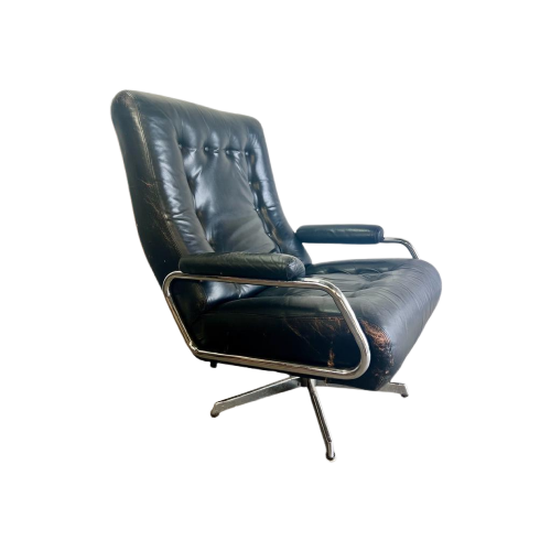 Vintage Zwarte Lederen Fauteuil / Clubzetel Op Stervoet