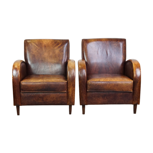 Set Van 2 Sprekende Design Fauteuils/ Armchairs Gemaakt Van Hoogwaardig Cognac Kleurig Rundleer