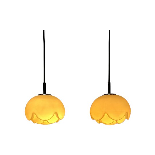 Pair Of Two Frosted Glass Artichoke Pendant Lights By Peill And Putzler 1970 1