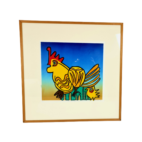 Derk Wessels - Hout - Linosnede - Grafiek - Haan Met Kuiken - 1997 1