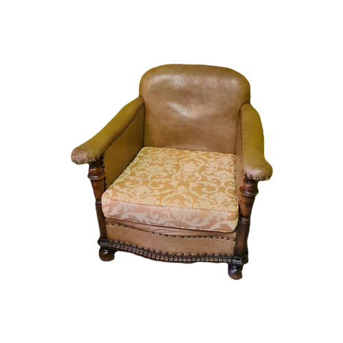 Lederen Fauteuil Met Eiken Frame Jaren 50