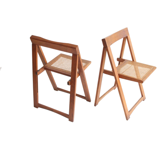 Vintage Wooden Folding Chairs With Rattan Seating, 1970s Set Of Two 1