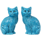 Koppel Blauw Geglazuurde Poezen Beelden Chinees Keramiek thumbnail 1
