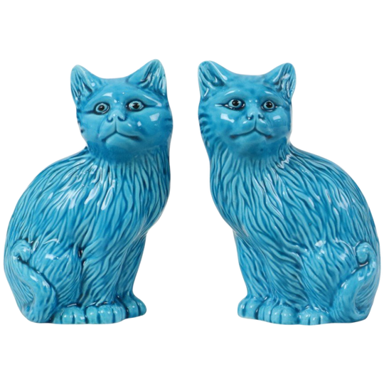 Koppel Blauw Geglazuurde Poezen Beelden Chinees Keramiek 1
