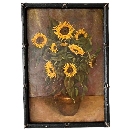 Antiek Xl Schilderij Zonnebloemen Olieverf M. Bertels 1920’s 1