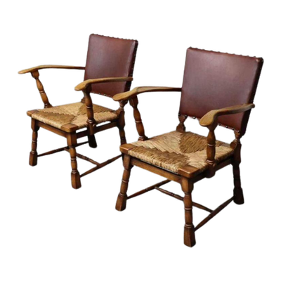 Pair Of Rush And Oak Armchairs By De Ster Gelderland