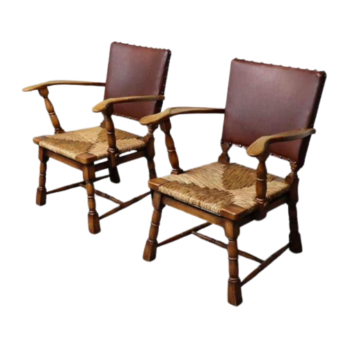 Pair Of Rush And Oak Armchairs By De Ster Gelderland