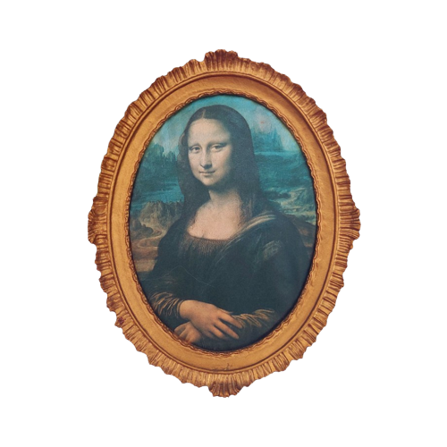 Antiek Schilderij / Op Zijde  In Ronde Kader.Mona Liza.