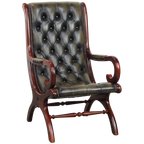 Elegante Groene Rundleren Engelse Chesterfield Fauteuil Met Een Sierlijke Afwerking Met Hout thumbnail 1