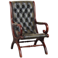 Elegante Groene Rundleren Engelse Chesterfield Fauteuil Met Een Sierlijke Afwerking Met Hout