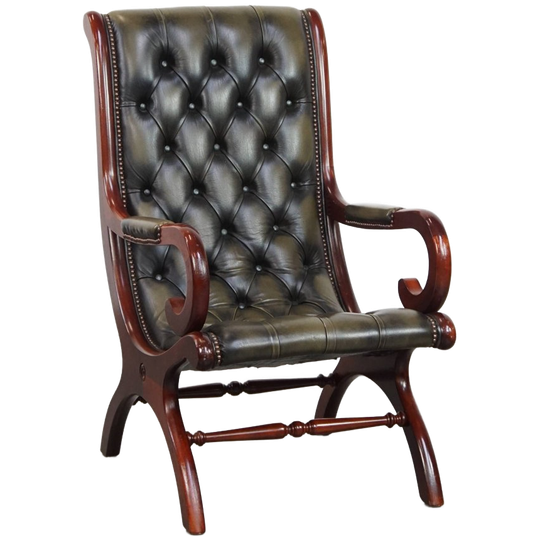 Elegante Groene Rundleren Engelse Chesterfield Fauteuil Met Een Sierlijke Afwerking Met Hout 1