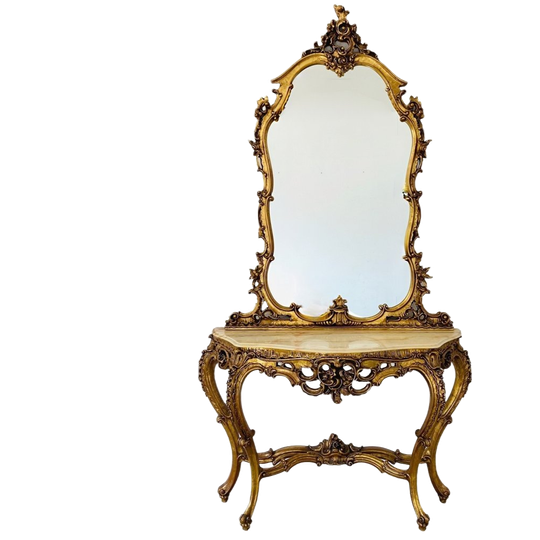 Vintage Italiaanse Barok Consoletafel En Kuifspiegel Met Marmeren Blad 1950's 1