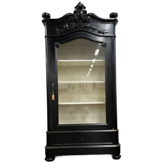 Brocante Xl Zwarte Hoge Vitrinekast / Kast Met Kuif 1