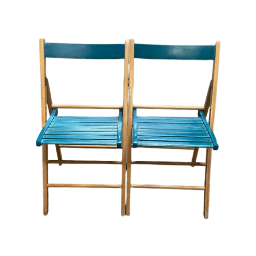 Set Van Twee Vintage Klapstoelen, Groen / Blauwe Zitting. Nederland 1980'S