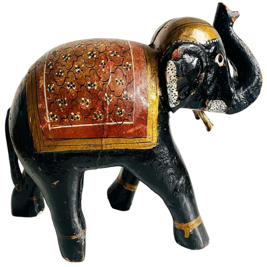 Vintage Handgesneden Decoratieve Houten Olifant Rajasthani-stijl Handgeschilderd 1960’s 1