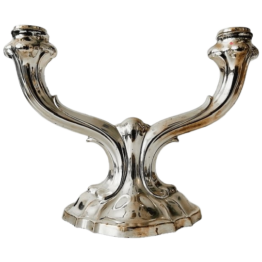 Vintage Duitse Art Nouveau Verzilverde Kandelaar Dubbele Armen 1950’s 1