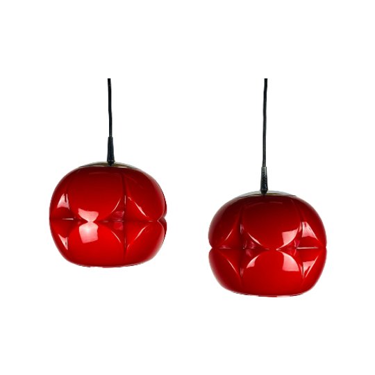 Pair Of Red Glass Artichoke Pendant Lights By Peill And Putzler 1