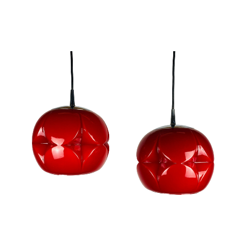 Pair Of Red Glass Artichoke Pendant Lights By Peill And Putzler