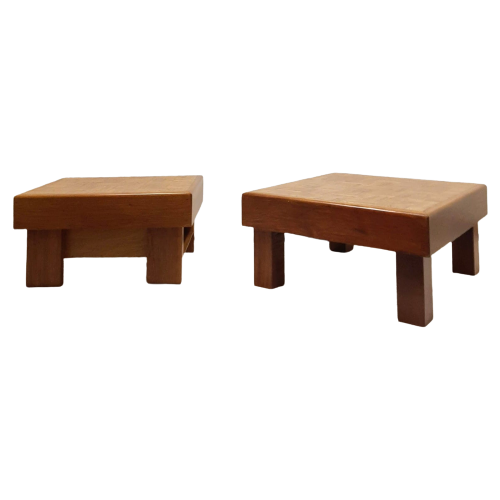 Set Of Two Brutalist Side Tables With Top Of Oak Panels
