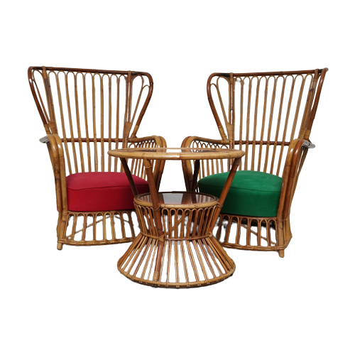 Set Of 2 Armchairs And Table, Design By Franco Albini For Bonacina, 1950S