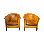 2 X Vintage Schaapsleder Club Fauteuils Camel Cognac Leer thumbnail 1