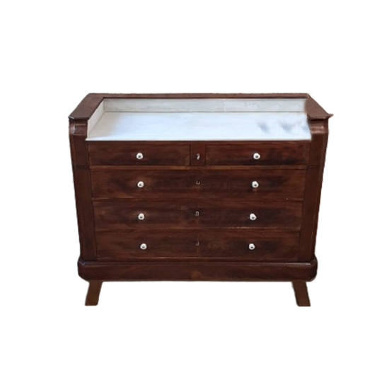 Franse Vintage Commode Met Lades Wit Marmeren Blad 1