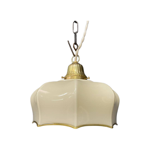 Vintage Beige Glazen Hanglamp Met Messing Armatuur