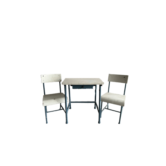 Vintage Chair And Side Table Pair In Beautifull White And Blue Colors 1